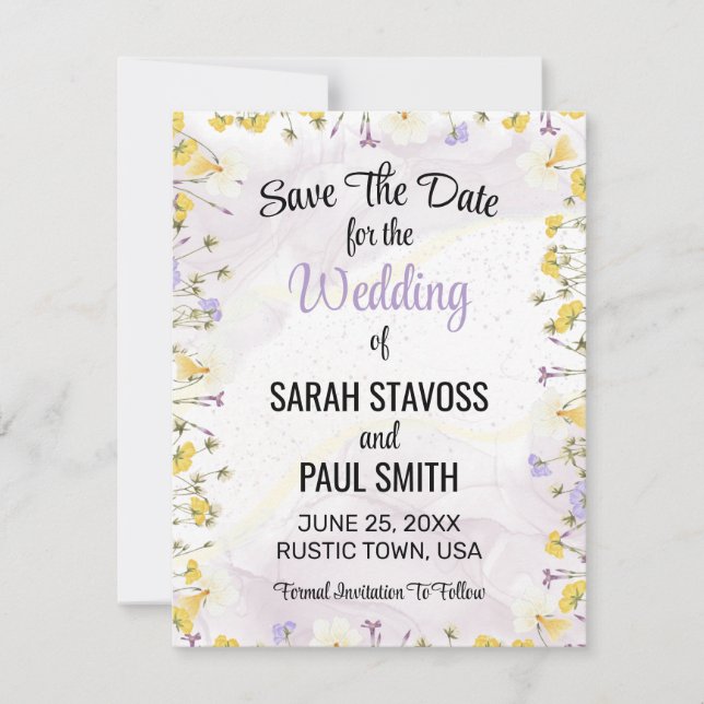 Wildflower Lavender and Yellow Floral wedding Save The Date (Front)