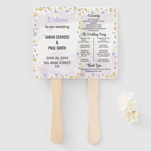 Wildflower Lavender and Yellow Wedding program Hand Fan (Front and Back)