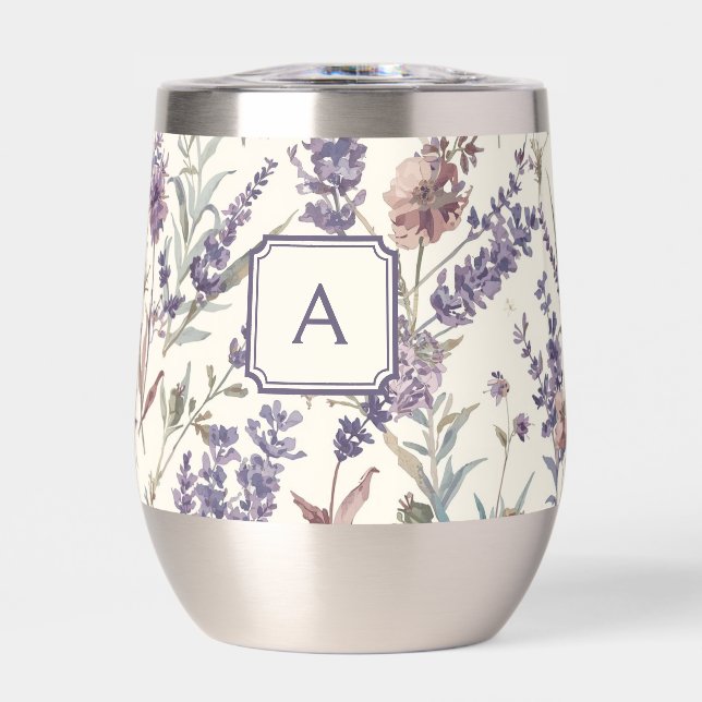 Wildflower Lavender Boho Botanical Floral Monogram Thermal Wine Tumbler (Front)