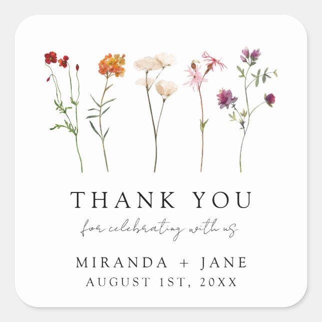 Wildflower Lesbian Pride Floral Wedding Thank You Square Sticker (Front)