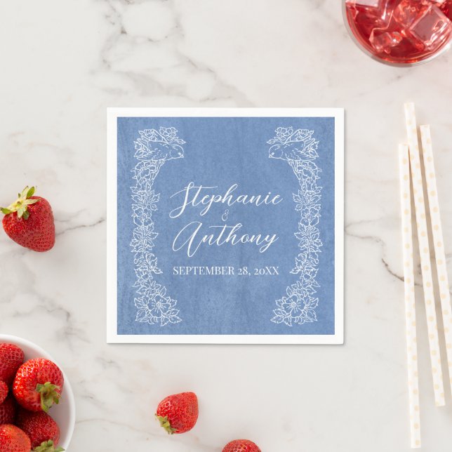 Wildflower Light Blue White Bird Border Wedding  Napkins (Insitu)