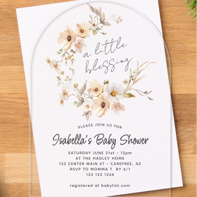 Wildflower Little Blessing Baby Shower Acrylic Invitations (Creator Uploaded)