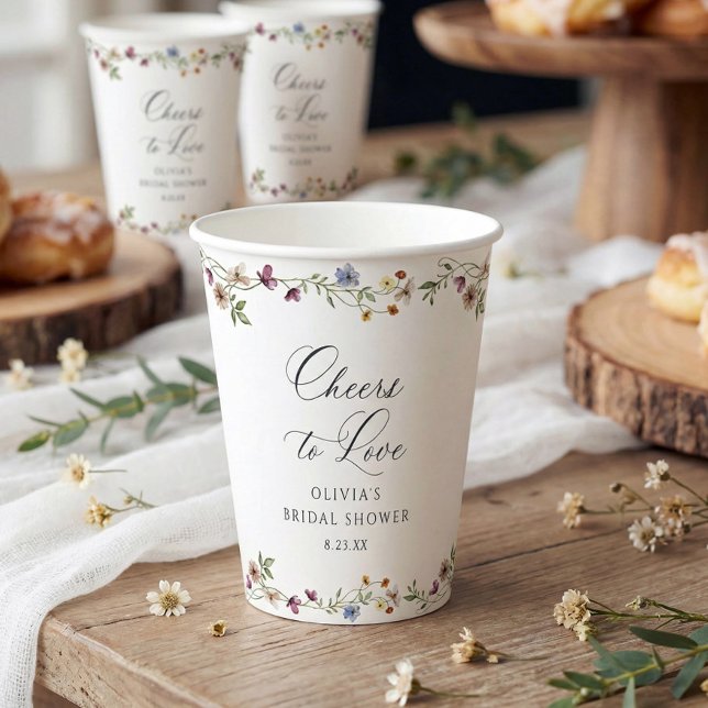 Wildflower Love in Bloom Floral Bridal Shower Paper Cups (Personalized cups for bridal showers in a beautiful vintage French wildflower design.)