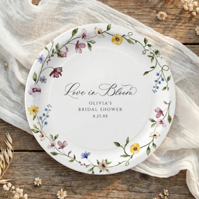 Wildflower Love in Bloom Floral Bridal Shower Paper Plates (Personalized bridal shower paper plates with love is in bloom script and watercolor wildflowers)