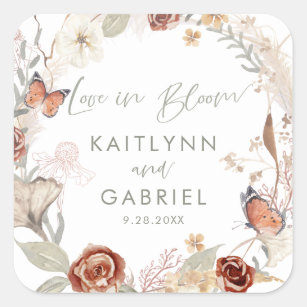 Wildflower Love in Bloom Wreath Watercolor Wedding Square Sticker