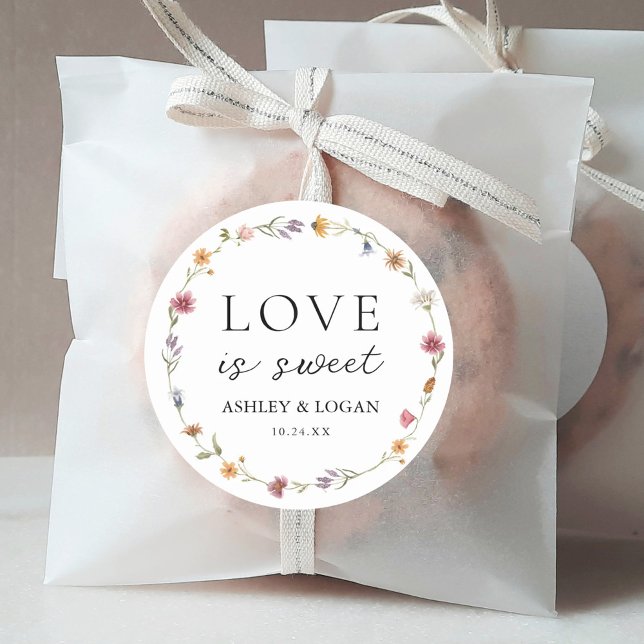 Wildflower Love Is Sweet Wedding Favors Classic Round Sticker (Creator Uploaded)
