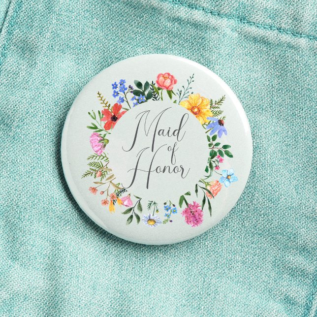 Wildflower Maid of Honor Script Wedding  Button (Maid of Honor Wildflower Watercolor Floral Wreath Wedding Button
)