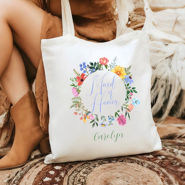Wildflower Maid of Honor Script Wedding  Tote Bag (Maid of Honor Wildflower Tote Bag change the text colors to whatever color you like!)