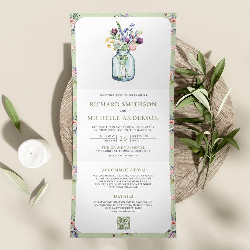 Wildflower Mason Jar All in One QR Code Wedding Tri_Fold Invitation