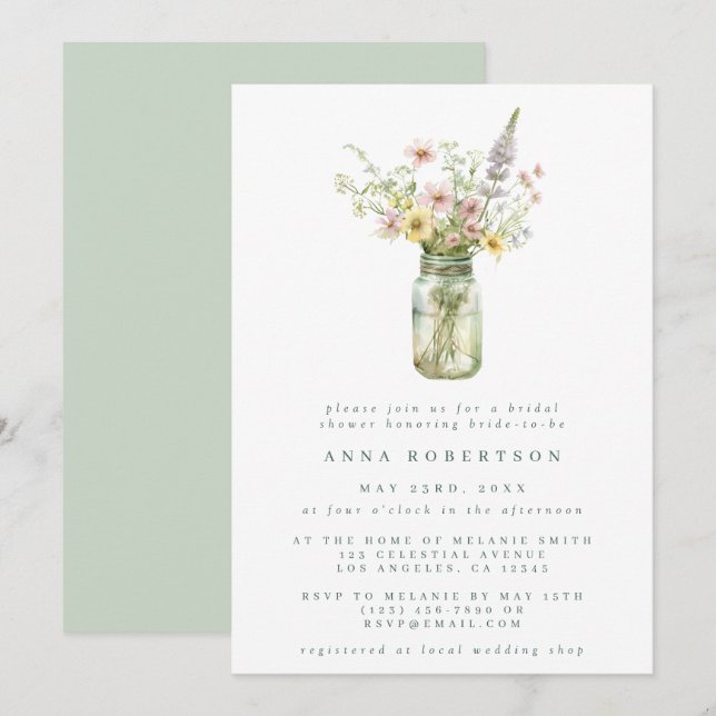 Wildflower Mason Jar Bridal Shower Invitation (Front/Back)