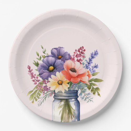 Wildflower Mason Jar Bridal Shower Paper Plates 