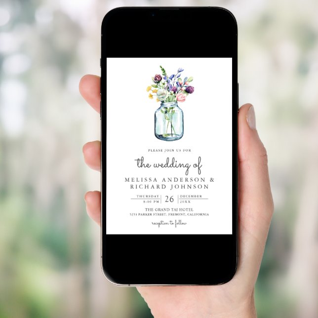 Wildflower Mason Jar Photo Collage QR Code Wedding Invitation (Front Digital)