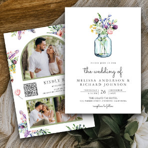 Wildflower Mason Jar Photo Collage QR Code Wedding Invitation