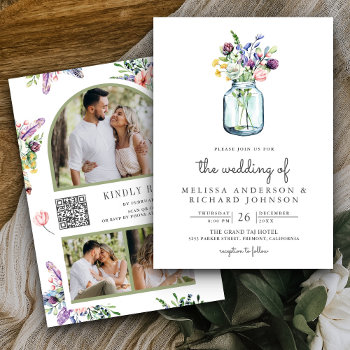 Wildflower Mason Jar Photo Collage Qr Code Wedding Invitation by ShabzDesigns at Zazzle