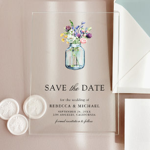 Wildflower Mason Jar Wedding Save the Date Acrylic Invitations
