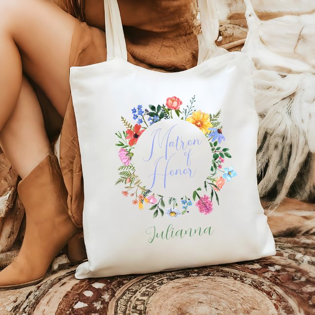 Wildflower Matron of Honor Script Wedding  Tote Bag (Matron of Honor Bridal Party Tote Bag with Wildflowers and customizable text and colors)