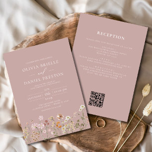 Wildflower Mauve Pink All in One QR Code Wedding Invitation
