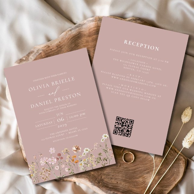 Wildflower Mauve Pink All in One QR Code Wedding Invitation (Creator Uploaded)