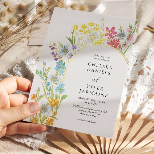 Wildflower Meadow Arch Elegant Floral Wedding Gold Foil Invitation