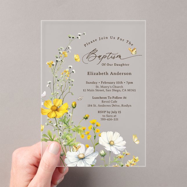 Wildflower Meadow Botanical Butterflies Baptism Acrylic Invitations (Insitu (Handheld))