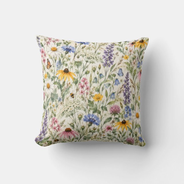 Wildflower Meadow Botanical Pattern Throw Pillow (Front)