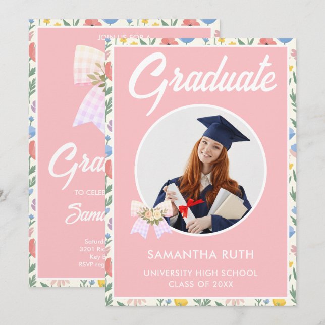 Wildflower Meadow Bow Graduation party Photo Invitation (Front/Back)
