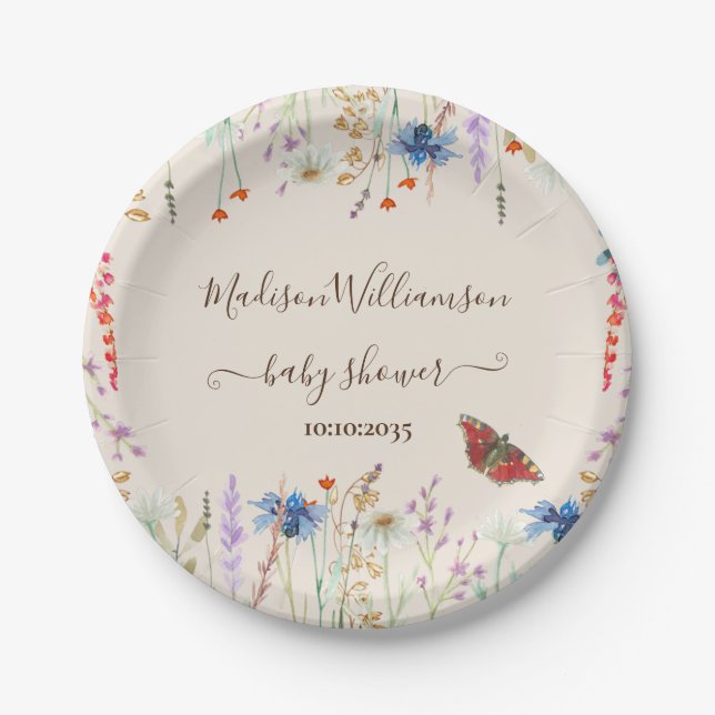 Wildflower Meadow Butterfly Baby Shower  Paper Plates (Front)