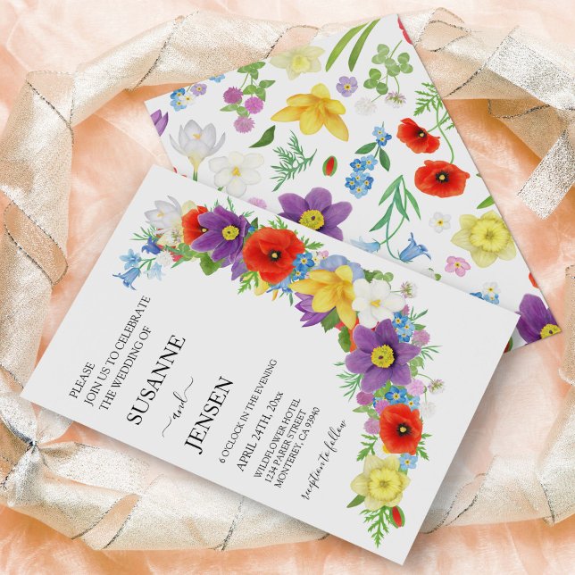 Wildflower Meadow Colorful White Spring Wedding  Invitation (Wildflower Meadow Colorful White Spring Wedding Invitation)