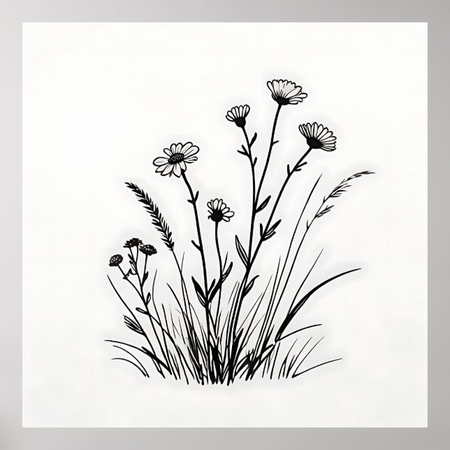 Wildflower Meadow Daisies Line Art Poster (Front)