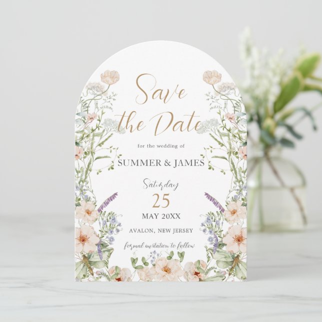 Wildflower Meadow Delicate Floral Wedding Arch Save The Date (Standing Front)
