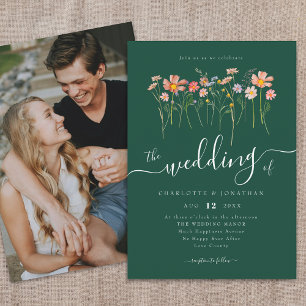 Wildflower Meadow Elegant Script Photo Dark Green Invitation