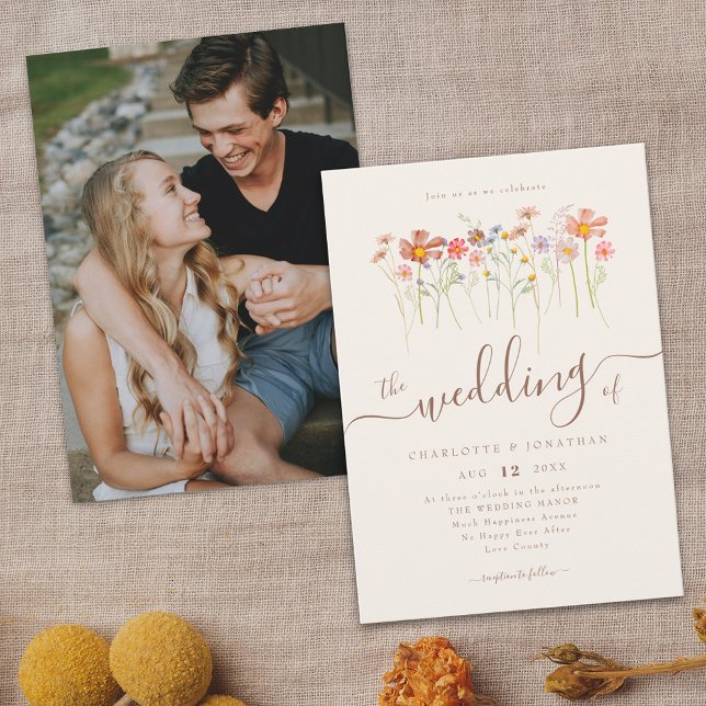 Wildflower Meadow Floral Beige Terracotta Photo Invitation (Wildflower meadow rustic fall floral photo Wedding invitation Boho whimsical script watercolor )
