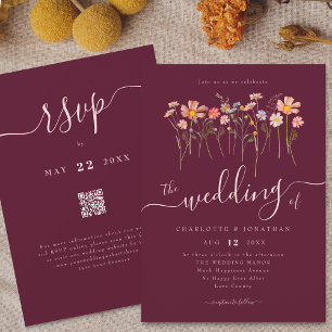 Wildflower Meadow Floral Burgundy & Blush QR code Invitation