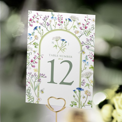 Wildflower meadow floral watercolor art wedding table number