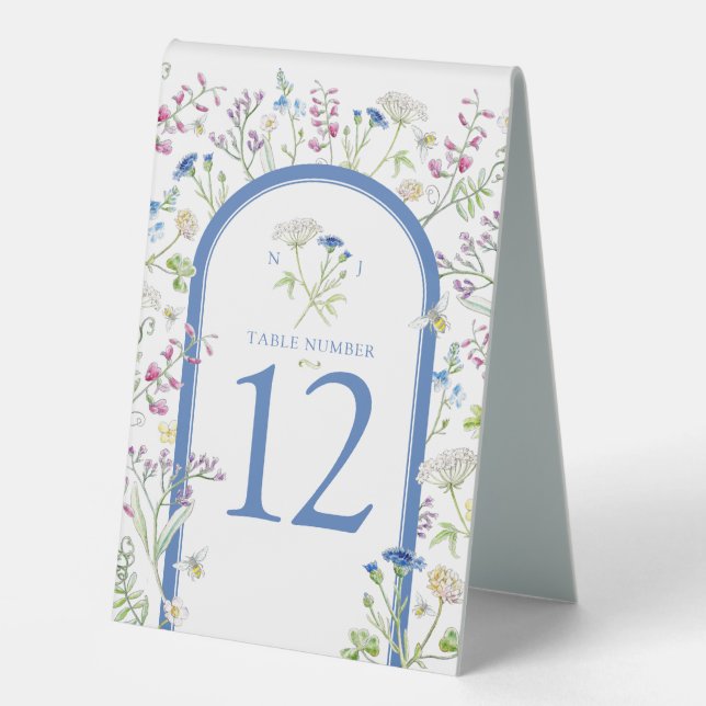 Wildflower meadow floral watercolor blue wedding table tent (Front)