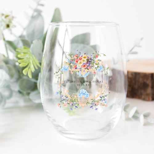 Wildflower Meadow  Floral Wedding Crest  Stemless Wine Glass