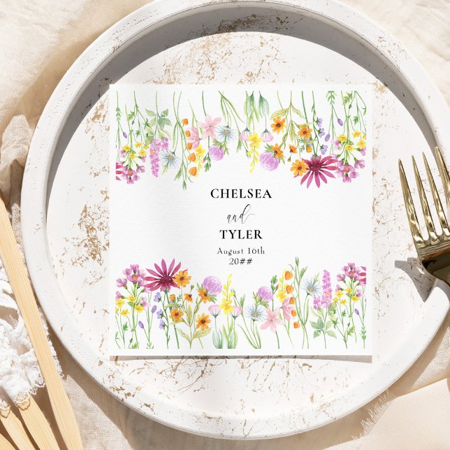 Wildflower Meadow Flower Border Wedding Napkins (A dreamy meadow of wildflowers frame the bride and grooms names)