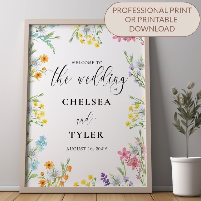 Wildflower Meadow Flower Border Wedding Script Poster (Wedding Welcome Poster - printed or digital download - from my Wildflower Meadow Wedding Collection)