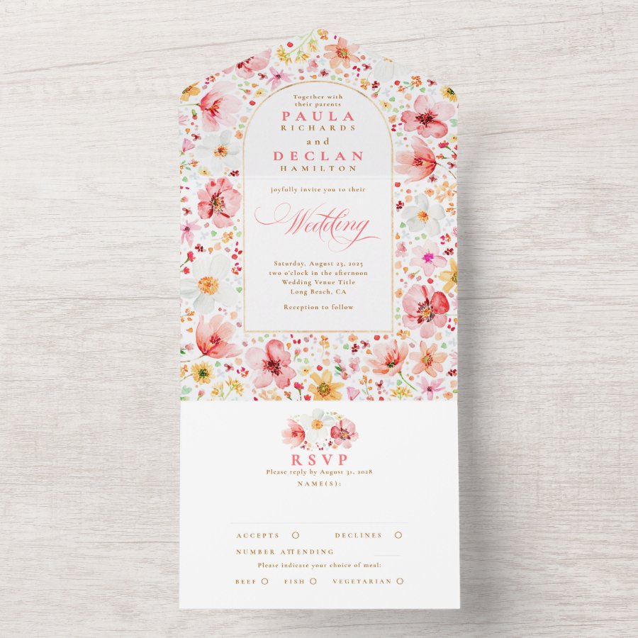 Wildflower Meadow Garden Floral Arch Wedding All In One Invitation