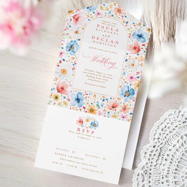 Wildflower Meadow Garden Floral Arch Wedding All In One Invitation (Wildflowers Wedding Invitation with RSVP Card)
