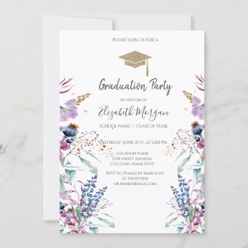 Wildflower Meadow Glitter Graduation Cap Invitation