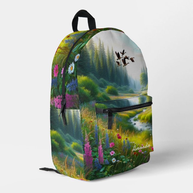 Wildflower Meadow Green  Printed Backpack (Back Corner Left)