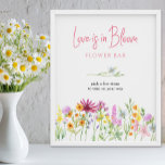 Wildflower Meadow Love is in Bloom Flower Bar Poster<br><div class="desc">Love is in Bloom Flower Bar sign for your wildflower bridal shower. This watercolor botanical design has a pretty border of wild flowers in pink orange and yellow. An elegant modern floral with casual elegant calligraphy. Perfect for rustic country, cottagecore or bohemian, floral, natural garden theme etc. Please browse my...</div>