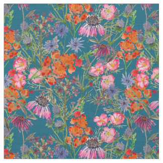 Wildflower Meadow On Teal Fabric