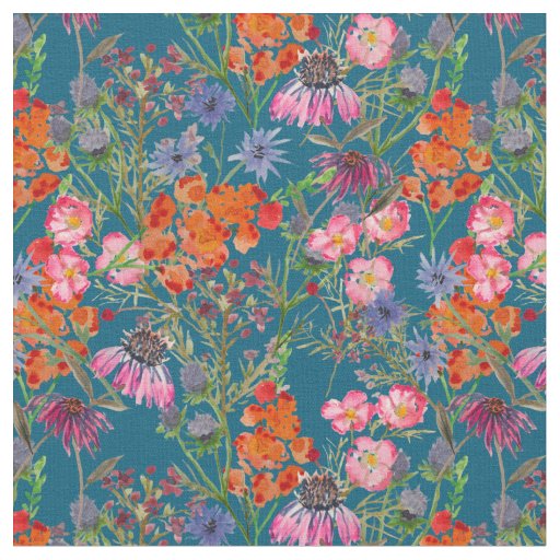 Wildflower Meadow On Teal Fabric