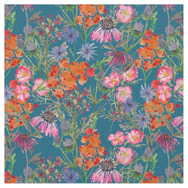 Wildflower Meadow On Teal Fabric (Close Up)