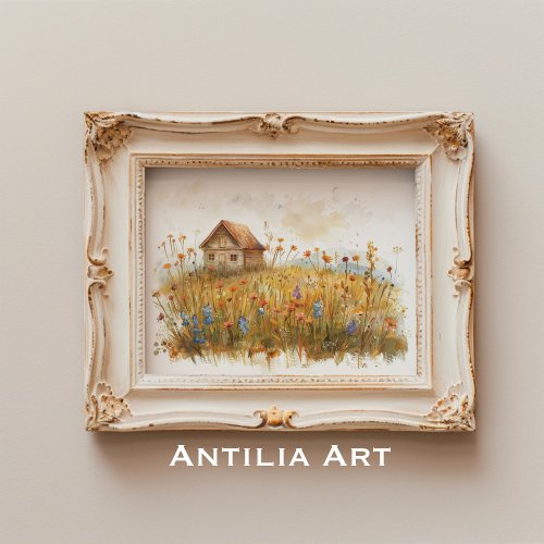 Wildflower Meadow Painting Rustic Cottage  Poster