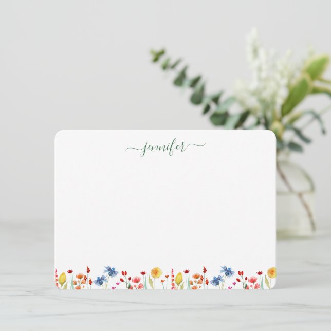 Wildflower Meadow Personalized Green Script Note Card (Standing Front)