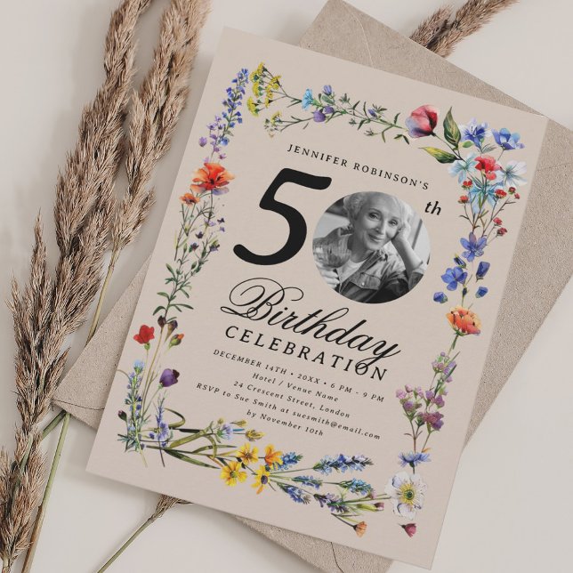 Wildflower Meadow Photo 50th Birthday Champagne  Invitation (Wildflower Meadow Photo 50th Birthday Champagne Invitation)