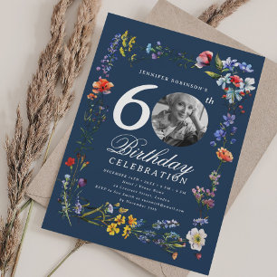 Wildflower Meadow Photo 60th Birthday Party Navy Invitation